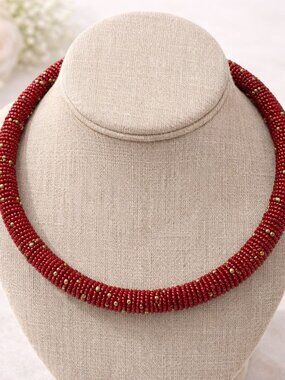 Hand Beaded Red Necklace Brass Accent Beads Artisan Statement Jewelry